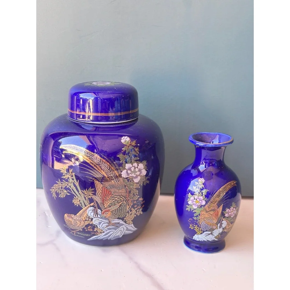 Vintage Cobalt Blue Peacock Ginger Jar and Bud Vase Set Gold Accents Chinoiserie